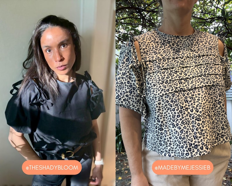 May include: Two women modeling tops. One wears a black top with bow details and a belt. The other wears a cream-colored top with a black leopard print and shoulder cutouts. The text "@THESHADYBLOOM" and "@MADEBYMEJESSIEB" are visible.