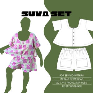 May include: A cream and pink floral print pajama set with a matching top and shorts. The top has a scoop neckline and button closure. The image also features a white illustration of a similar pajama set and the text "SUVA SET".