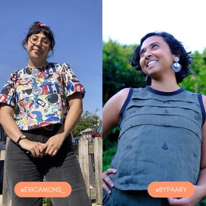 May include: Two people are shown wearing different tops. One person wears a colorful, patterned short-sleeved top with black pants. The other person wears a sleeveless green top with dark blue trim. The background is a blue sky and green foliage.