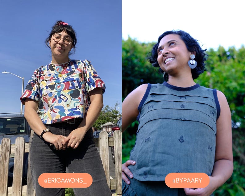 May include: Two people are shown wearing different tops. One person wears a colorful, patterned short-sleeved top with black pants. The other person wears a sleeveless green top with dark blue trim. The background is a blue sky and green foliage.