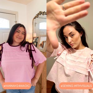 May include: Two women wearing pink tops with decorative shoulder ties. The tops have horizontal stitched details across the chest. One top has a dark burgundy trim and ties, while the other has white ties. The text "@HANNAH24MAGIC" and "@SEWING.WITHVISUALS" are visible.