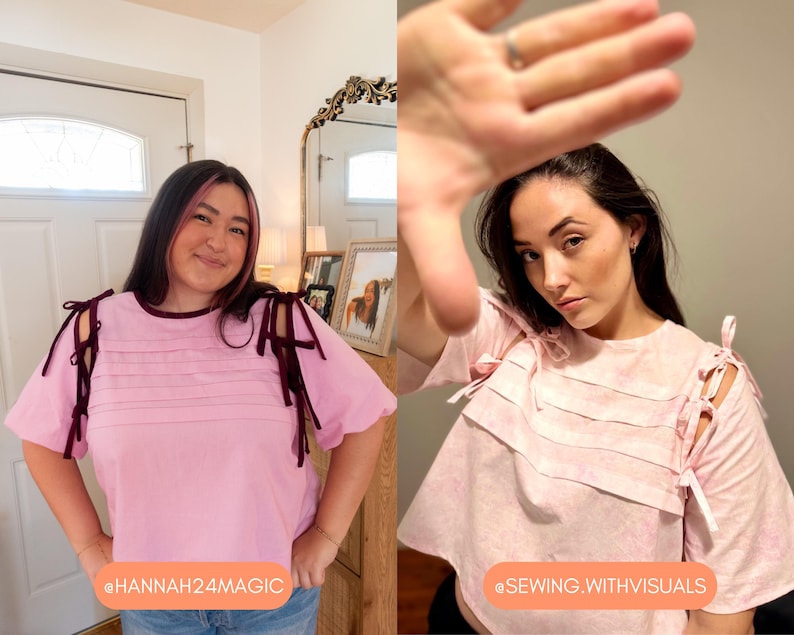 May include: Two women wearing pink tops with decorative shoulder ties. The tops have horizontal stitched details across the chest. One top has a dark burgundy trim and ties, while the other has white ties. The text "@HANNAH24MAGIC" and "@SEWING.WITHVISUALS" are visible.