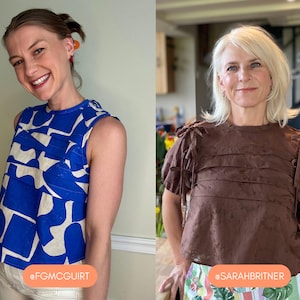 May include: Two women wearing stylish tops. One woman is wearing a sleeveless blue top with a white geometric pattern. The other woman is wearing a brown top with layered fabric and tied shoulder details. The tops are examples of women's fashion.