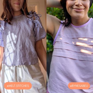 May include: Two tops are shown. The first is a light purple blouse with tie details on the sleeves. The second is a pink tank top with horizontal pleats. The text "@MELT.STITCHES" and "@BYNESABEU" are in the image.