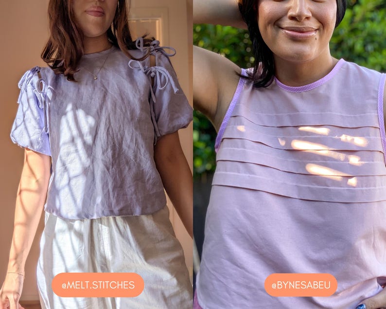 May include: Two tops are shown. The first is a light purple blouse with tie details on the sleeves. The second is a pink tank top with horizontal pleats. The text "@MELT.STITCHES" and "@BYNESABEU" are in the image.
