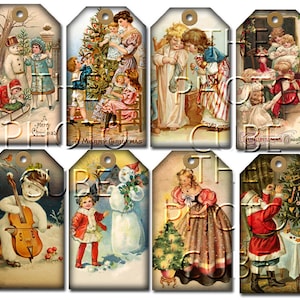 Christmas Vintage ArT Hang/Gift Tags -Santa Claus, Christmas Tree, Snowman, Children- Print Your Own Printable digital collage sheet