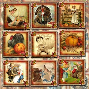 THaNKSGiViNG PriMiTiVe Art 2&quot; Tags-Turkeys, Pumpkins, Pilgrims- Printable Collage Sheet Download JPG Digital File