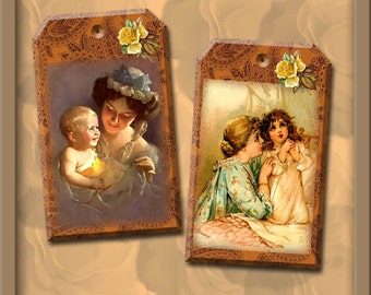 Mother & Child-CHaRMinG Vintage Art Tags/Cards- INSTaNT DOWNLoAD- Printable Collage Sheet Download JPG Digital File