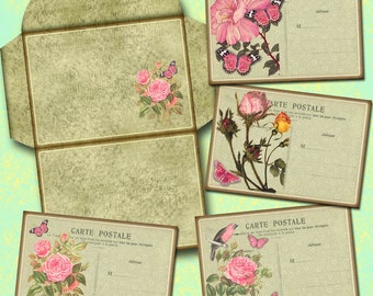 PiNK RoSEs on Sage Vintage Art Post Cards w/ Envelope Template -3.5"x5" - INSTaNT DOWNLoAD - TWO Printable Collage Sheets JPG Digital Files