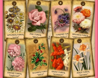 FLoWER Of ThE MoNTH Vintage Art Hang/Gift Tags-Yesterday Memories-INSTaNT DOWNLoAD-Printable CoLLaGe ShEEt JPG Digital File