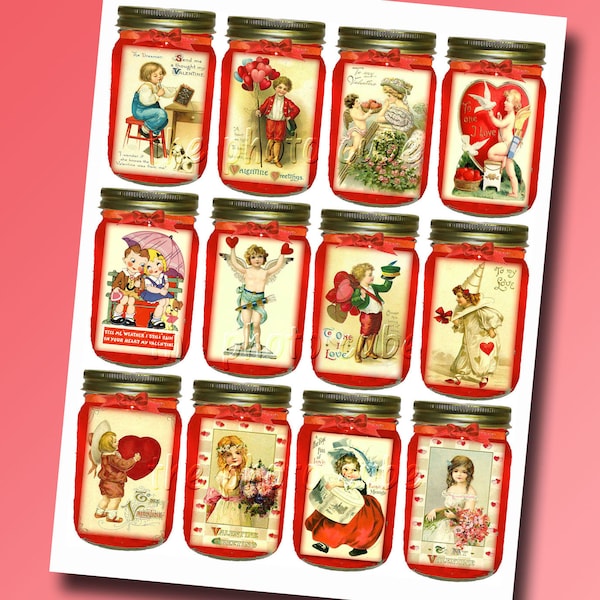 Country Charm Valentine In A Mason Jar Vintage Art Hang/Gift Tags- INSTaNT DOWNLoAD - Printable Collage Sheet JPG Digital File
