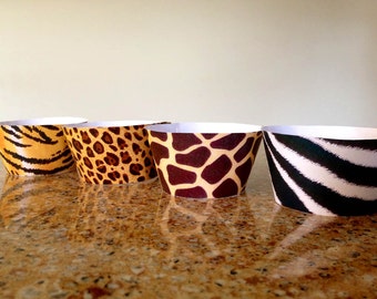 DRUKI ZWIERZĄT Z DŻUNGLI - SZABLONY I OZDOBNIKI NA BABECZKI - TYGRYS, GEPTAH, ZEBRA, ŻYRAFA - Arkusz do druku w formacie JPG, plik cyfrowy