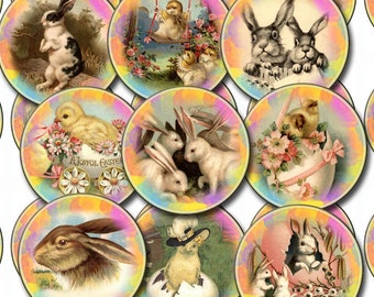 Cuddly Vintage Animal Art-1.5" Circles-Chicks, Ducklings, Bunnies-Soft Colors -INSTaNT DOWNLoAD- Printable Collage Sheet-JPG Digital File