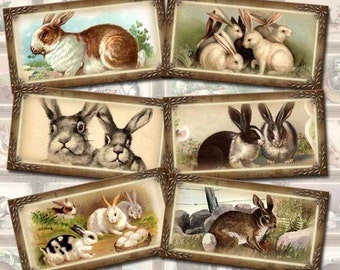 Bunny RABBITS-24 Vintage Art Mini Gift/Hang Tags/Labels -INSTaNT DoWNLOAD- Printable Collage Sheet-JPG Digital File