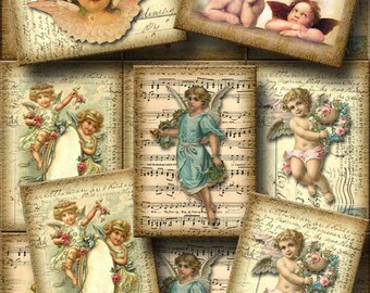 Angels on Postcards and Sheet Music-CHaRMiNG Vintage Art Tags/Cards/Crafts- INSTaNT DOWNLoAD- Printable Collage Sheet JPG Digital File