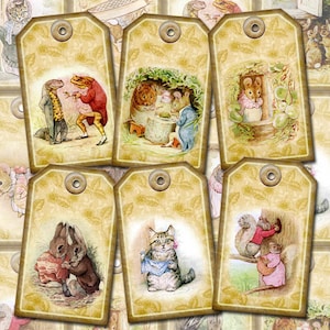 Puede incluir: Conjunto de ocho etiquetas para regalos de estilo vintage con ilustraciones de animales de los libros infantiles de Beatrix Potter. Las etiquetas son de color beige con un borde marrón y un ojal de metal. Las ilustraciones incluyen una rana y un conejo, un gato, una ardilla y ratones.