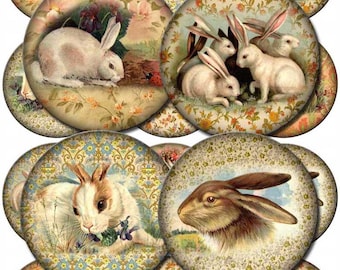 Bunny RABBIT Vintage Art 2,5-Zoll-Kreise für Etiketten, Cupcake Toppers, Schmuck - INStANT DOWNLoAD - Printable Collage Sheet-JPG Digitale Datei