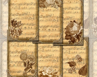 RUSTiC Flowers and Sheet Music Sepia Vintage Art-Cards, Journal Tags- INSTaNT DOWNLoAD - Printable collage sheet JPG Digital File