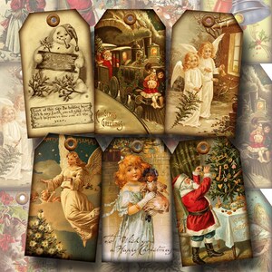 Christmas Vintage ArT Hang/Gift Tags -Santa Claus, Angels, Snowman -Print Your Own- INSTaNT DOWNLoAD - Printable digital collage sheet