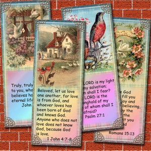 May include: Four vintage-style bookmarks with inspirational quotes from the Bible. Each bookmark features a different image, including a house, birds, and flowers. The quotes are: "Truly, truly to you, who believes has eternal life John", "Beloved, let us love one another, for love is from God, and whoever loves has been born of God and knows God. Anyone who does not love does not know God, because God is love. 1 John 4:7-8", "LORD is my light my salvation; whom shall I fear? LORD is the stronghold of my life, of whom shall I be afraid? Psalm 27:1", and "The God of hope fill you with all joy and peace in believing, by the power of the Holy Spirit. Romans 15:13"
