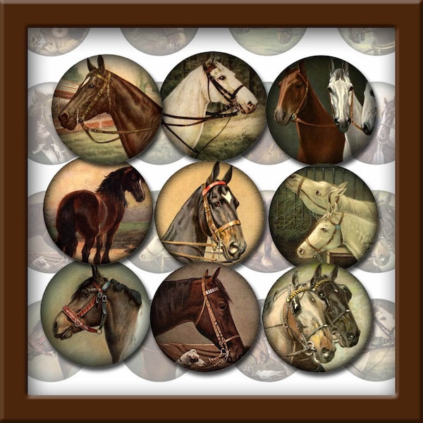 Horses 1" Round Vintage Equine Art Circles-Bottle Cap Jewelry Supplies- INSTaNT DOWNLoAD - Printable Collage Sheet Download JPG Digital File