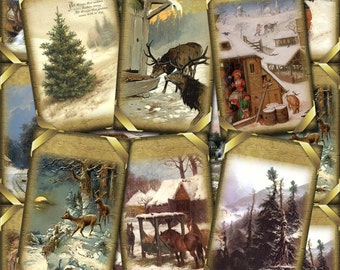 Magical WINTER SNOW Vintage ArT Antiqued Hang/Gift Tags/Cards/Labels /Craft Supplies-  INSTaNT DOWNLoAD - Printable digital collage sheet