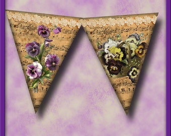 Vintage Pansy Flower w/ Music Banner- Set of 6 Pennants - Instant Download - Printable Collage Sheet JPG Digital File