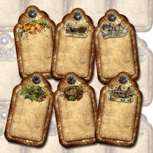 May include: Set of six vintage-style Christmas gift tags. Each tag features a decorative border and a small illustration, including bells, a horse-drawn carriage, and a snowy house. The tags have a textured, aged appearance.
