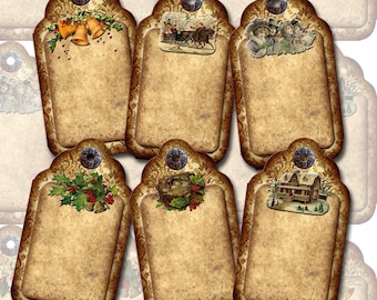 Antiqued Primitive Christmas Winter Vintage Hang/Gift Tags/Labels-INSTaNT DOWNLoAD- Printable Digital Collage sheet JPG File