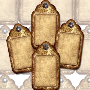 Etiquetas/tarjetas colgantes/de regalo con efecto primitivo antiguo y teñido - Juego de 12 - DESCARGA INSTANTÁNEA - Hoja de collage digital imprimible, archivo JPG