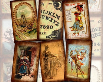 Fortune Teller, Ouija Board, Ferris Wheel- PriMiTiVe Vintage Art Tags/Cards- INSTaNT DOWNLoAD -Printable Collage Sheet JPG Digital File