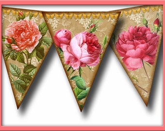 Primitive Victorian RoSES-Banner -ViNtAgE ArT Pennants - INSTaNT DOWNLoAD - Printable Collage Sheet JPG Digital File-Create Your Own Banner