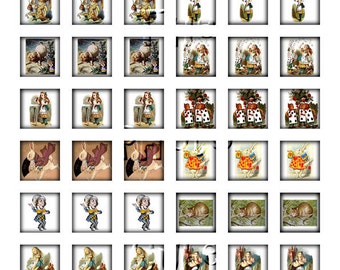 Alice in Wonderland 1 inch Square Tiles-Printable Collage Sheet JPG Digital Collage -New Lower Price- Great For Scabble Tile Jewelry