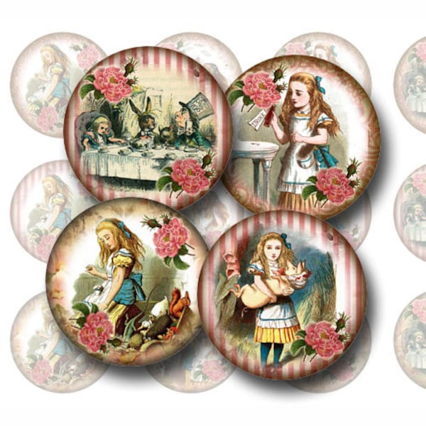 ALiCe In WoNDerLaNd -WHiMiSiCAL LoVeLY 1" CIRCLES - ENCHaNTiNG 4"x6" Druckbares Collage-Blatt. Laden Sie die digitale JPG-Datei herunter