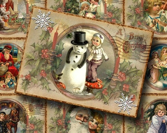 Antiqued Winter Postcard Vintage Art Hang/Gift Tags -INSTaNT DOWNLoAD - CHaRMiNG Printable digital collage sheet JPG File