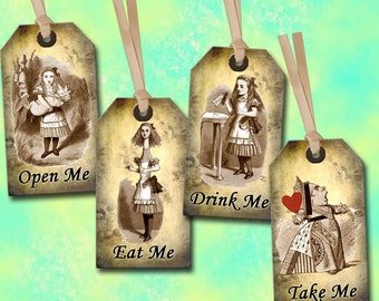 Drink Me, Eat Me, Take Me, Open Me Primitive Alice In Wonderland Mini Tags- INSTaNT DOWNLoAD - Printable Collage Sheet JPG Digital File