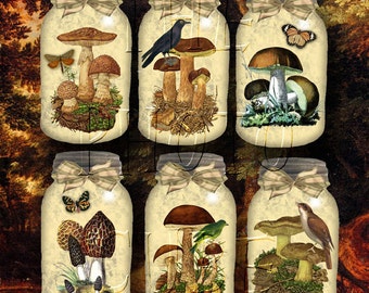 Magical MuSHROOM GardeN In A JaR -ViNtAgE Art Hang/Gift TAgs/Cards- INSTaNT DOWNLoAD - Printable Collage Sheet JPG Digital File