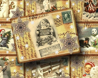SNOWmAN Postcard -Primitive Vintage Art Hang/Gift Tags, Cards -INSTaNT DOWNLoAD- Printable digital collage sheet JPG File