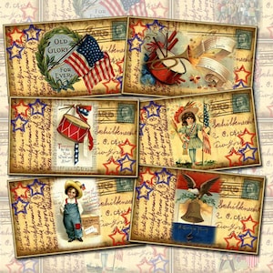 Etiquetas/tarjetas/etiquetas para colgar o regalar de estilo patriótico primitivo americano, arte alterado vintage, descarga instantánea, hoja de collage imprimible, archivo digital JPG