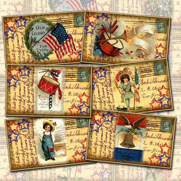 Primitive PaTriOtiC Americana Vintage Altered ArT Hang/Gift Tags/Cards/Labels-INSTaNT DOWNLoAD- Printable Collage Sheet JPG Digital File