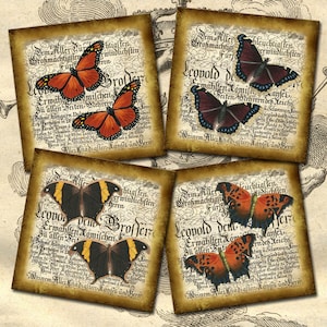 Papillons - charmants carreaux carrés de 4 x 4 pouces - TÉLÉCHARGEMENT IMMÉDIAT - feuille de collage imprimable fichier numérique JPG - pour sous-verres, aimants, étiquettes cadeaux