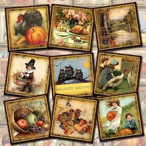 Fall/Autumn -20 CHaRMiNG Vintage Art 1.5&quot; Squares- INSTaNT DOWNLoAD - Printable Collage Sheet Download JPG Digital File