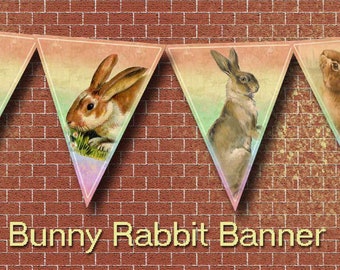 Vintage Bunny Rabbit Art Flags/Pennants-INSTaNT DOWNLoAD- CHaRMiNG Printable Collage Sheet  JPG Digital File-Create Your Own Banner