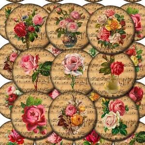 Rosas Shabby en partitura vintage, círculos de 2 pulgadas, hoja de collage digital JPG imprimible - DESCARGA INSTANTÁNEA - Manualidades con papel, fabricación de tarjetas