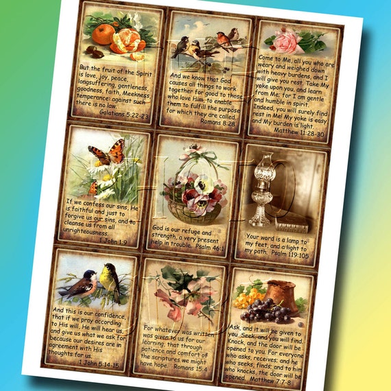 9 Inspirational Bible Verse Hang/Gift Tags-Labels -CHaRMiNG Vintage ARt - INSTaNT DOWNLoAD - Printable Collage Sheet JPG Digital File