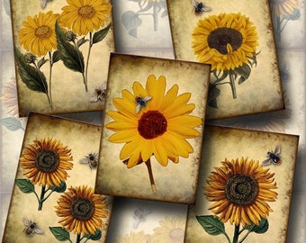 SuNFLOWERS & BeeS Vintage RuSTiC Art Tags /paper crafts - CHaRMiNG Printable Collage Sheet JPG Digital File