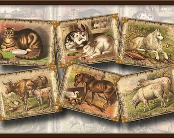 Farm Animals- Fun Vintage Art Tags/Cards/Labels- cats dogs goats horses cattle pigs rabbits- Printable Collage Sheet JPG Digital File