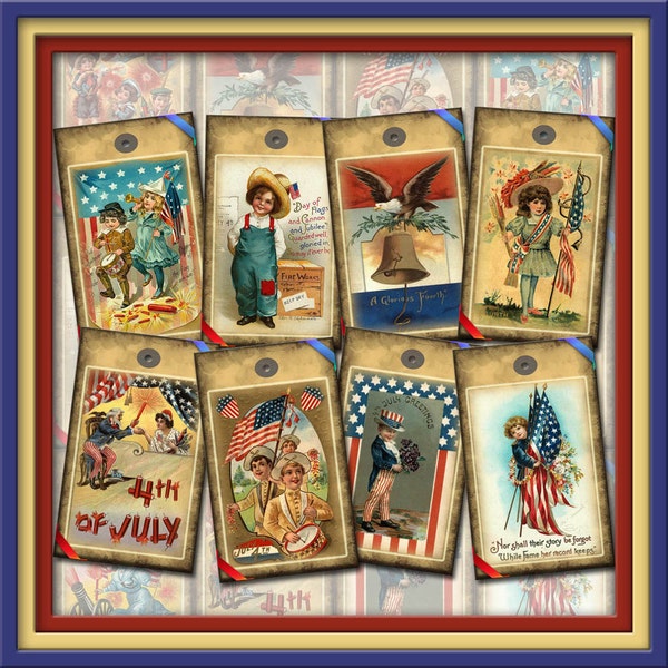 Patriotic Americana Vintage ArT Tags/Cards/Labels, paper crafts - INSTaNT DOWNLoAD- Printable Collage Sheet JPG Digital File