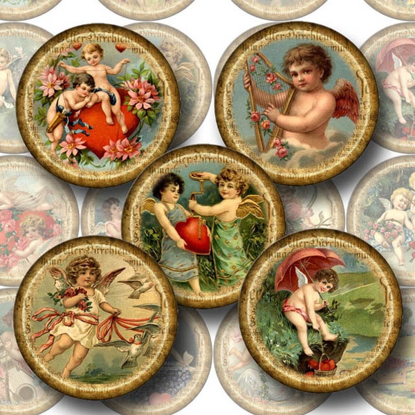 ViCTORiAN VaLENTINE Cupid - 2 inch circles- Vintage Illustrations-INSTaNT DOWNLoAD- Print Your Own Collage Sheet JPG Digital File