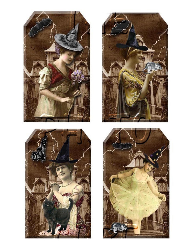 Quirky WITCHES CLeVeR Vintage ALtErEd ArT Hang/Gift Tags INSTaNT DOWNLoAD Printable Collage Sheet JPG Digital File image 1